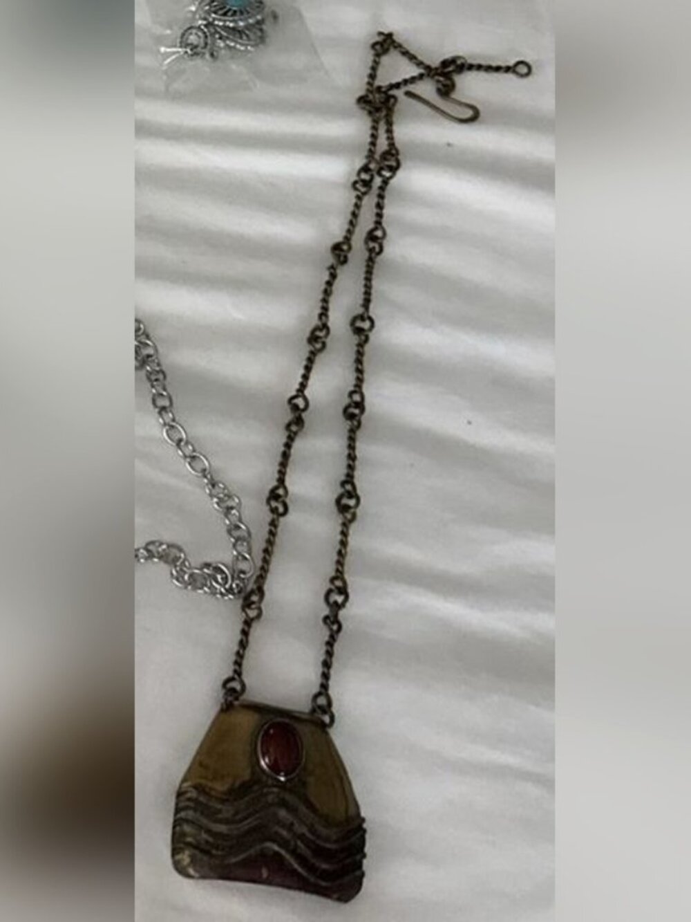 Vintage Brass Pendant Necklace with Red Stone